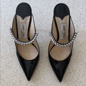 Jimmy Choo Black Patent Pointed Mules with Crystal-Embellished Strap